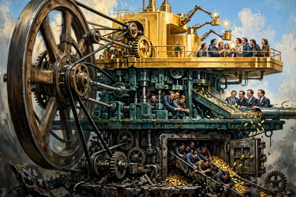A three-tier platform machine decaying from gold to rust, driven by a giant flywheel